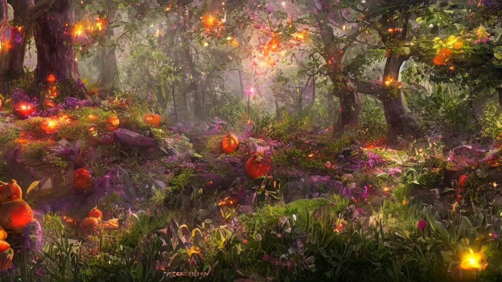 Image similar to candy forest, cinematic scene, studio lighting, low poly, colorful, fantasy, fireflies, flowers, halloween, fairytale, ( matte painting, concept art, medium shot, trending on artstation )