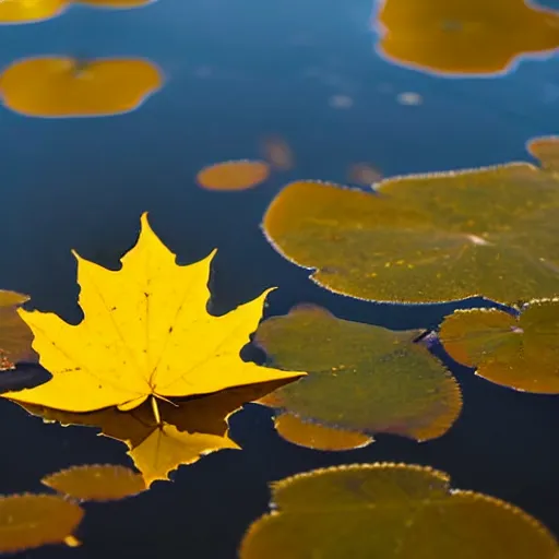 Prompt: close - up of a yellow maple leaf floating on top of a pond, with reflection