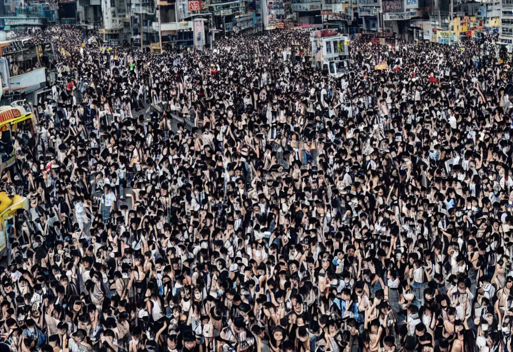 Prompt: fashion editorial in hong kong riot. wide angle shot. highly detailed.