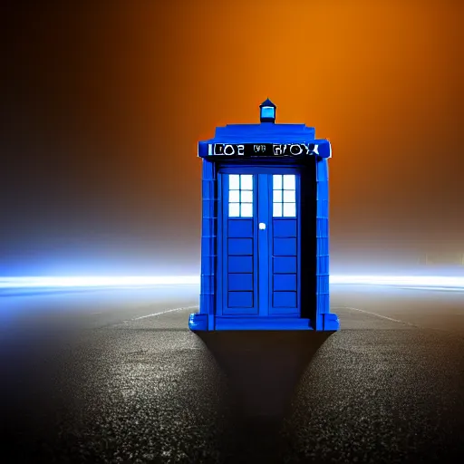 Image similar to a hyperdetailed photograph of the tardis sat on a futuristic street corner, night, dense fog, rain, hd, 8 k resolution