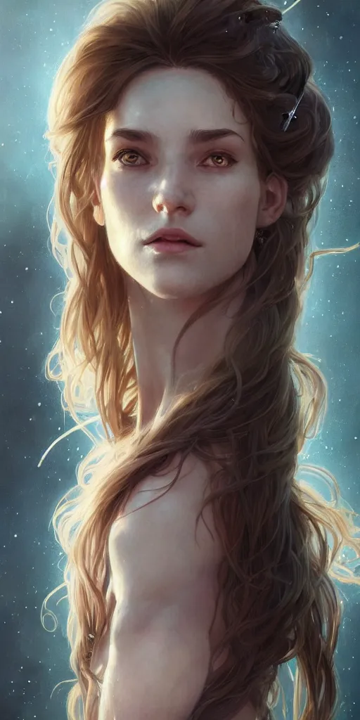 Prompt: portrait of a young ruggedly beautiful but joyful cyborg, female, femenine, upper body, aquamarine color hair, long hair, d & d, fantasy, piercing eyes, intricate, elegant, highly detailed, digital painting, artstation, concept art, matte, sharp focus, illustration, art by artgerm and greg rutkowski and alphonse mucha