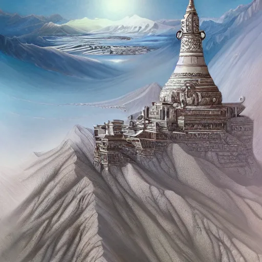 Image similar to omar shanti himalaya tibet, by giger, acrilic paint, digital, artstation, detailed intricate ink illustration, heavenly atmosphere, digital art, overdetailed art, concept art, complementing colors, trending on artstation, cgstudio, the most beautiful image ever created, dramatic, subtle, details, award winning artwork, beautiful scenery