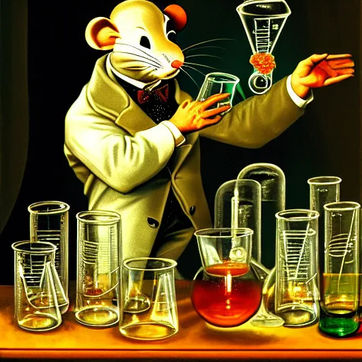 Prompt: a gentleman mouse performing a chemistry experiment with radioactive beakers, surrounded by glassware, from the future, very very realistic, hyperdetailed, chiaroscuro, renaissance art, intricate textures