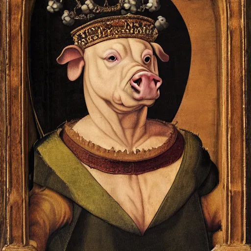 Image similar to a renaissance style portrait of a pig (Sus domesticus) wearing a crown and a cape, dark background