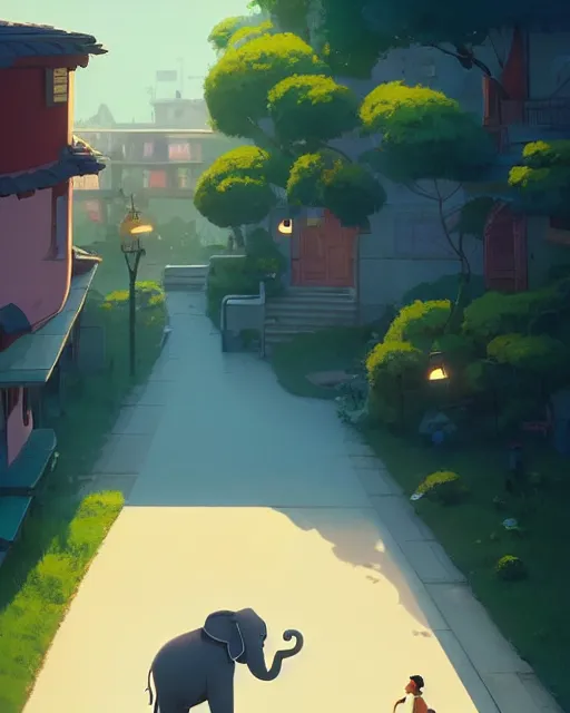 Image similar to an elephant with a house on his back walking though the streets of a beautiful town, cory loftis, james gilleard, atey ghailan, makoto shinkai, goro fujita, studio ghibli, rim light, exquisite lighting, clear focus, very coherent, plain background, soft painting