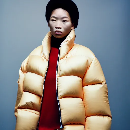 Image similar to realistic photoshooting for a new balenciaga lookbook, color film photography, portrait of a blonde asian woman, model wearing a puffer jacket, photo in style of tyler mitchell, 3 5 mm,