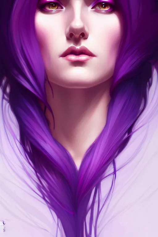 Image similar to Purple hair, creative colouring Portrait of woman, fashion, intricate, elegant, highly detailed, digital painting, artstation, concept art, smooth, sharp focus, illustration, art by artgerm and greg rutkowski and alphonse mucha