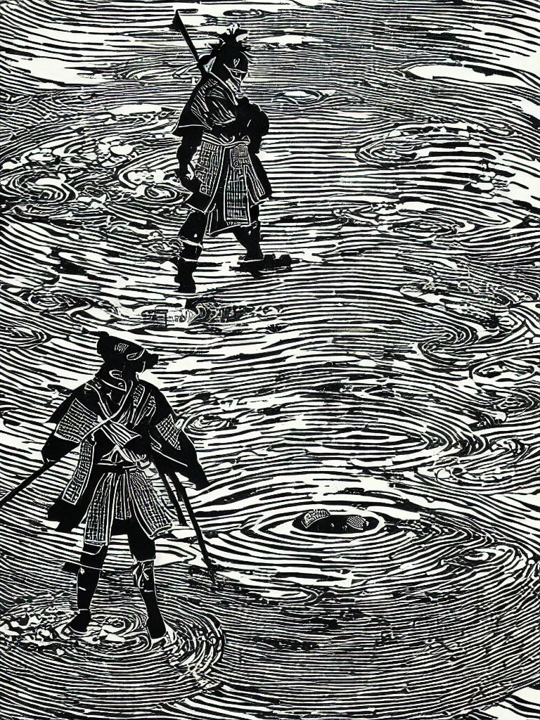 Image similar to old printmaking woodblock print of a samurai (in the middle of the composition, centered) with a katana standing in water with ripples around him, a big sun above. beautiful dark fantasy, 8k detail