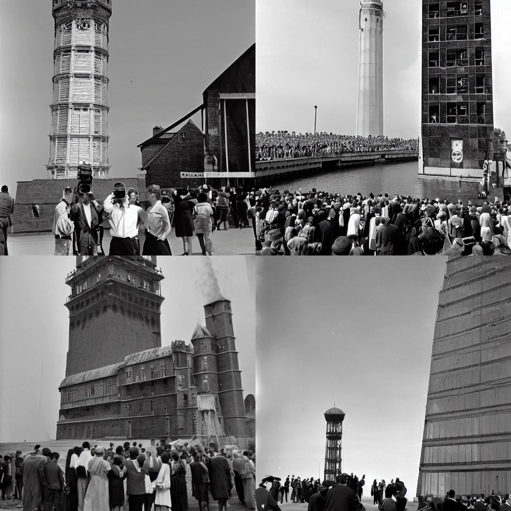 Prompt: the gigantic tower, 1960's photo, award winning, people taking photos with big cameras