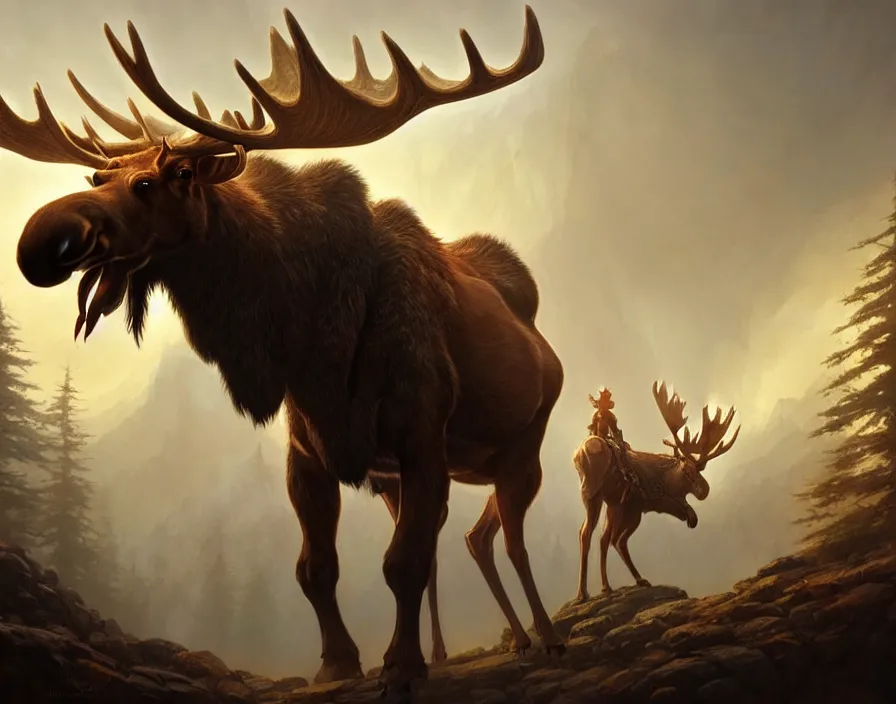 Image similar to concept art of a fantasy moose mount, d & d, fantasy, art nouveau, digital painting, trending on artstation, sharp focus, illustration, global illumination, ray tracing, art by artgerm and greg rutkowski and ruan jia