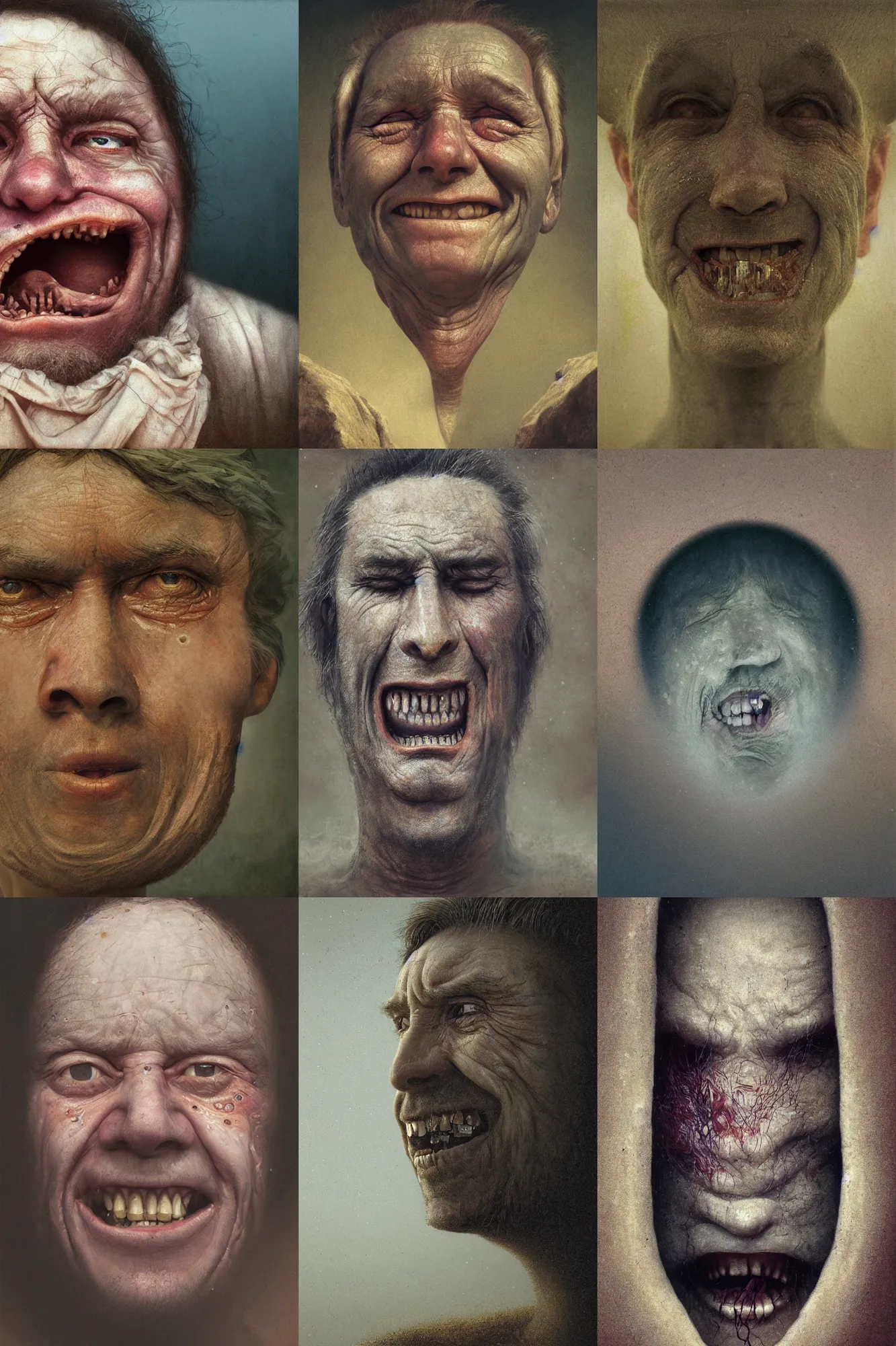 Image similar to close-up face portrait of a human crying and smiling, Les Edwards, Zdzislaw Beksinski, Carl Gustav Carus, John Harris, Michal Karcz, Zhang Kechun, Mikko Lagerstedt, Scott Listfield, Steven Outram, Jessica Rossier