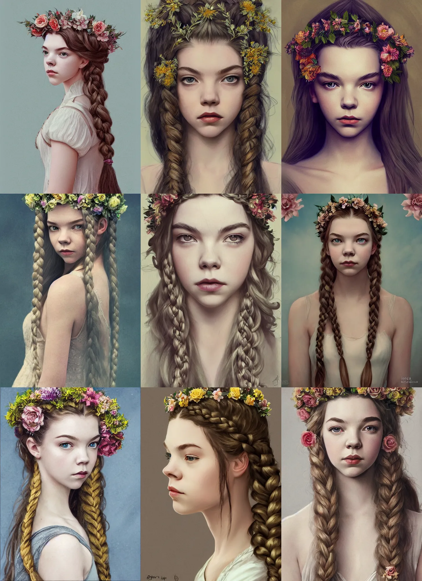 Prompt: anya taylor - joy floral crown, long braided blond hair, symmetry, elegant, highly detailed, artstation, concept art, sharp focus, rutkowski, mucha