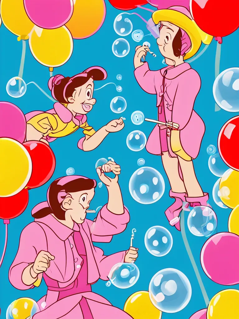 Image similar to kid blowing bubble gum, disney style illustrations, blunt borders