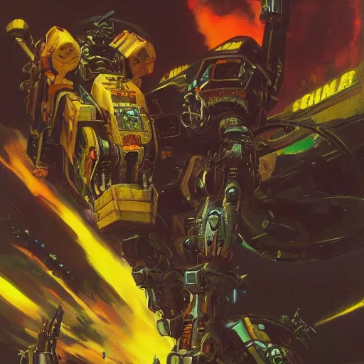 Prompt: a dark and colorful close - up of sci - fi mecha demons. highly detailed science fiction painting by norman rockwell, frank frazetta, and syd mead. rich colors, high contrast, gloomy atmosphere, dark background. trending on artstation