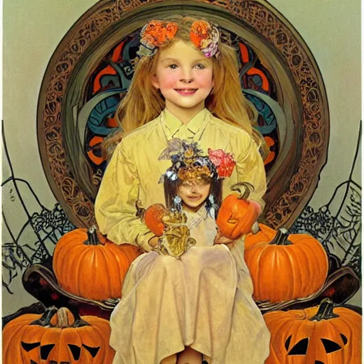 Image similar to a happy little girl with long straight golden blonde hair sitting amidst halloween decor, skulls and pumpkins. beautiful highly detailed face, beautiful painting by alphonse mucha and norman rockwell