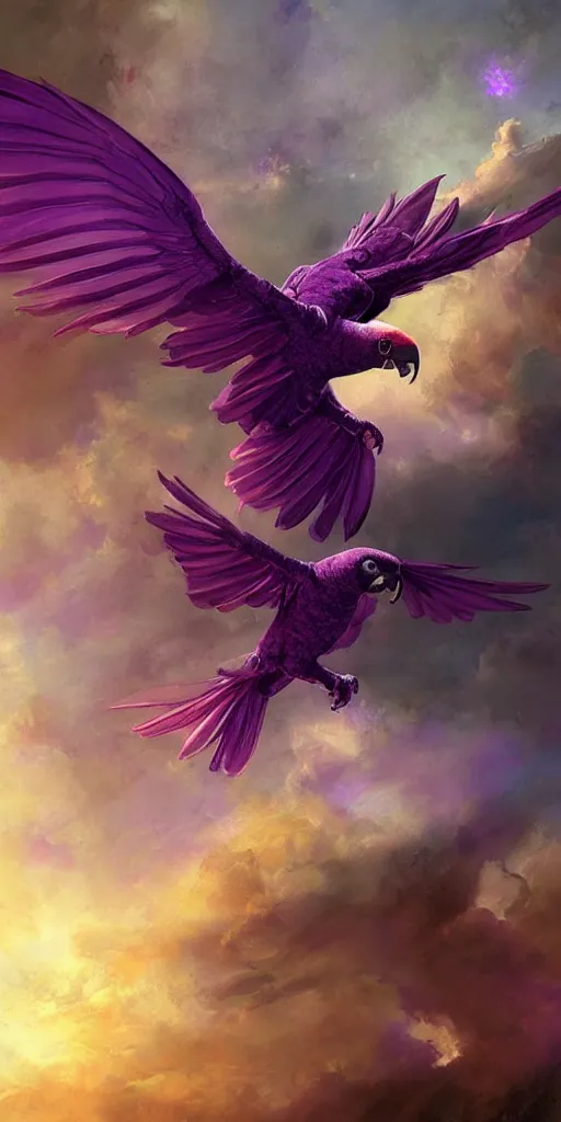 Image similar to a painting of a purple parrot flying through the sky, poster art by raymond swanland, deviantart, fantasy art, christian, deviantart, mystical