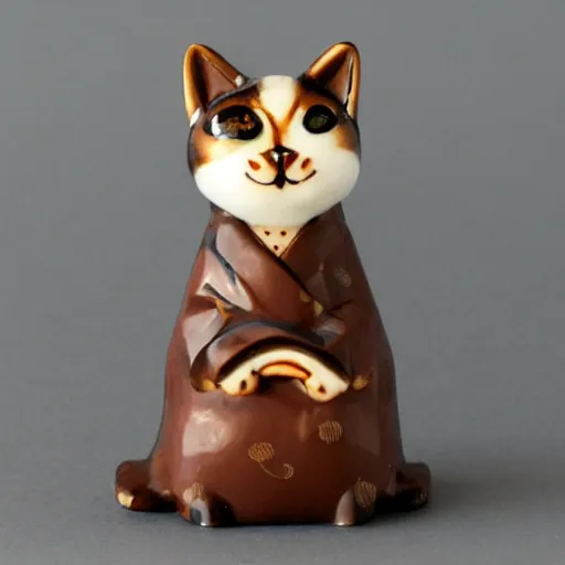 Image similar to elegant anthropomorphic cat figurine wearing a kimono, brown resin, toggles, very highly detailed, intricate, monotone, shy looking down