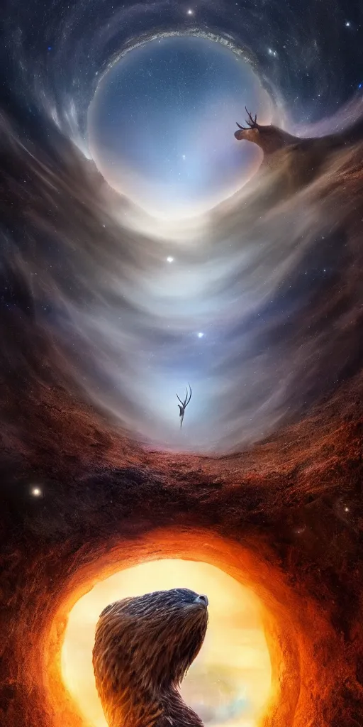 Image similar to an extreme long shot of a deer peering into a giant portal into the universe in the shape of a keyhole to the nebulae and galaxies, an eagle flying, beautiful matte painting by weta workshop 4 k, cinematic dramatic atmosphere, dramatic lighting, trending on artstation