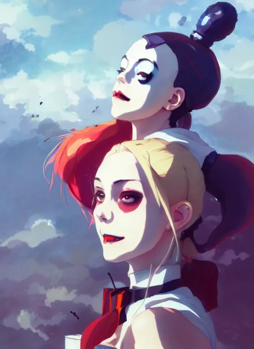 Prompt: portrait of harley quinn, cloudy sky background lush landscape illustration concept art anime key visual trending pixiv fanbox by wlop and greg rutkowski and makoto shinkai and studio ghibli