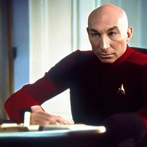 Prompt: film still, Jean-Luc Picard from Star Trek TNG (1987), very French, unmistakably French