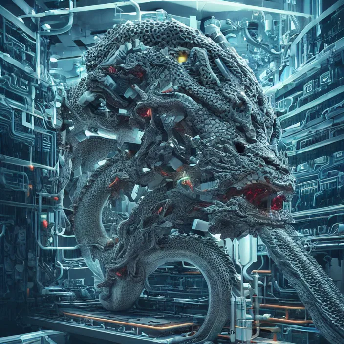 Prompt: dragon brain, attached to a supercomputer, with pipes attached to it, a researcher nearby, skynet, intricate detailed digital art, artstation, octane