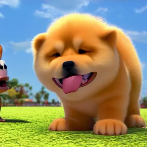 Prompt: A cute white 3D Disney Pixar render of a chow chow dog with a fried chicken wing in its mouth
