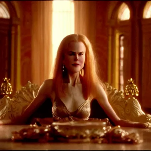 Prompt: cinematic scene with a 2 0 year old nicole kidman on a majestic throne as the goddess of war, dramatic, small details, volumetric lighting, still frame