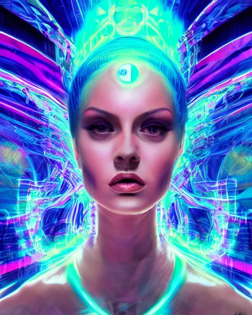 Image similar to a powerful energy psychedelic matrix queen, by alexander fedosav, hyper detailed digital matte painting, concept art, hyperrealism, 1 6 k resolution, cinema 4 d, 8 k resolution, trending on artstation, behance hd, a masterpiece, by stephan martiniere, particles, cel - shaded, power bright neon energy, by david a. hardy,