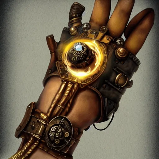 Prompt: A steampunk wristband that shoots out a grapple using steam canisters, epic fantasy art style HD