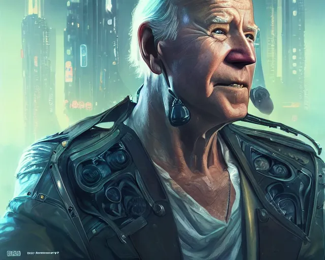 Prompt: oldman joe biden with cyberpunk implants, deep focus, d & d, fantasy, intricate, elegant, highly detailed, digital painting, artstation, concept art, matte, sharp focus, illustration, hearthstone, art by artgerm and greg rutkowski and alphonse mucha