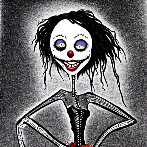 Image similar to drawing by tim burton of a clown, corpse bride style