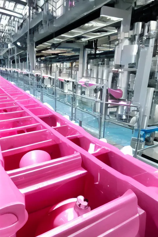 Image similar to conveyor belt transporting pink potion bottles