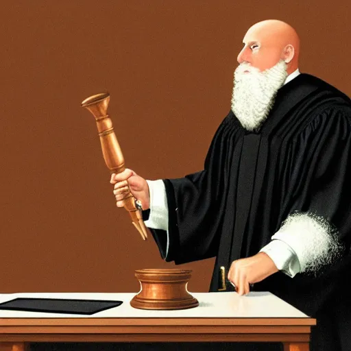 Image similar to a bald judge with bid white beard slams his gavel on the desk, illustration, realistic, 8 k, atmospheric