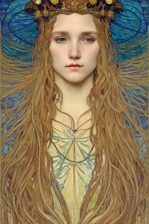 Image similar to detailed realistic beautiful young medieval queen face portrait by jean delville, alphonse mucha, vincent van gogh, and marco mazzoni, art nouveau, symbolist, visionary, gothic, pre - raphaelite