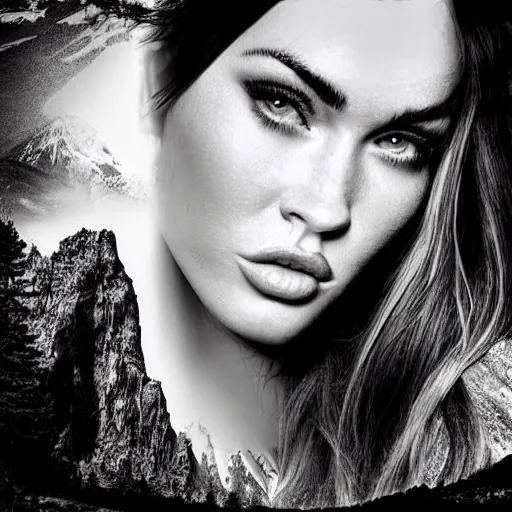 Image similar to double - exposure effect of megan fox face blended with beautiful mountains, in the style of dan mountford, amazing detail, black and white