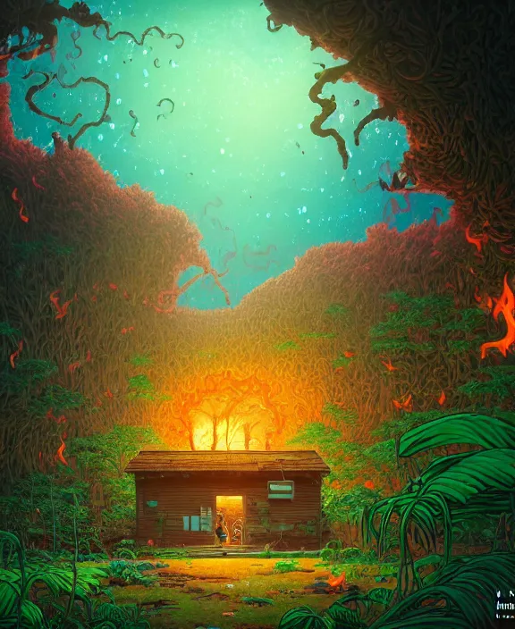 Prompt: simplicity, an simple schoolhouse made out of exotic fungus, overgrown with lush floral jungle, milky way, hellscape, hell, fire, brimstone, lava, by dan mumford, yusuke murata, makoto shinkai, ross tran, cinematic, unreal engine, cel shaded, featured on artstation, pixiv