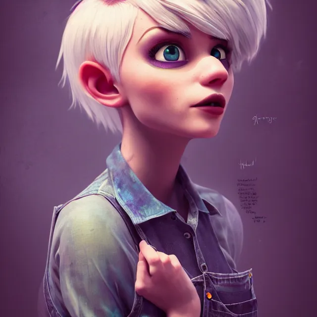 Image similar to full body pose, beautiful adult fairy, pixar, short white hair shaved sides, dirty, grungy, grunge, long sleeve, painted overalls, stacks of giant books, highly detailed, 4 k, hdr, smooth, sharp focus, high resolution, award - winning photo, artgerm, photorealistic