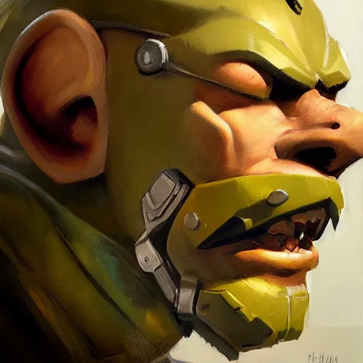 Image similar to greg manchess close - up portrait painting of a handsome male dieselpunk orc with olive green skin as an overwatch character, medium shot, asymmetrical, profile picture, organic painting, sunny day, matte painting, bold shapes, hard edges, street art, trending on artstation, by huang guangjian and gil elvgren and sachin teng