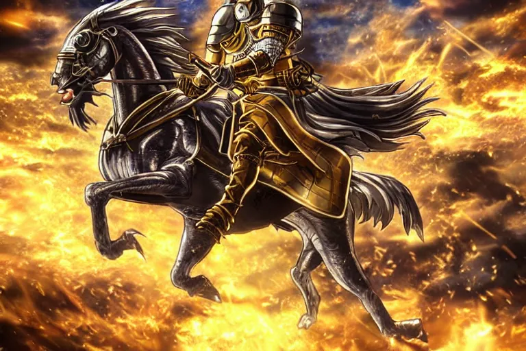 Image similar to an ultra detailed portrait of king richard the lionhearted as a shonen anime protagonist attacking riding a horse in gold armor, 8 k, volumetric lighting, art by kentaro miura and akira toriyama