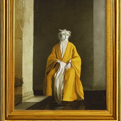 Prompt: A portrait of a fox in a pale yellow flowing robe by Robert Cleminson and Carl Friedrich Deiker