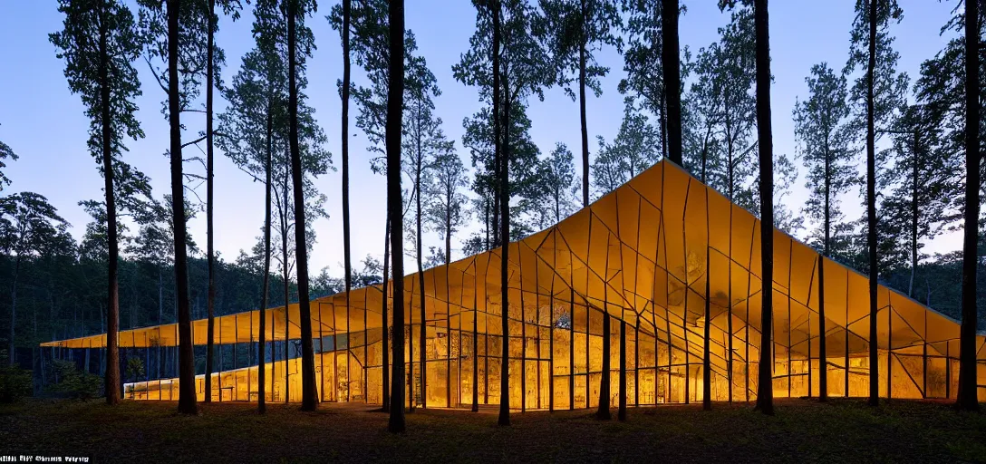 Image similar to faceted roof planes lift and descend creating shade and architectural expression, highly detailed, situated in the forest, next to a highly reflective lake, at dusk, vivid color