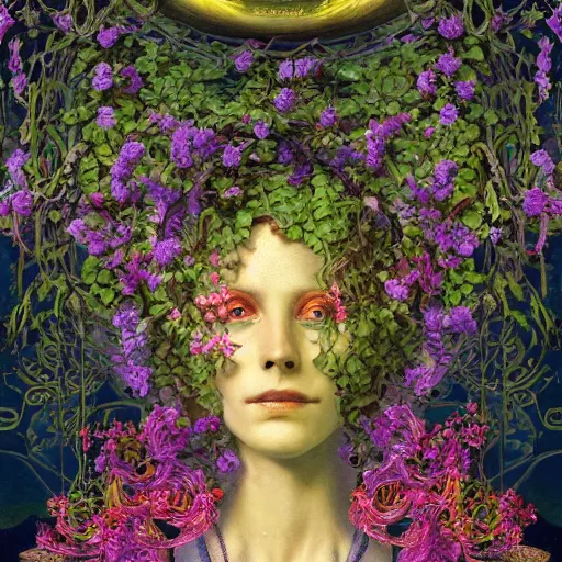 Image similar to A colorful, detailed print - A portrait of a robot with the top of its head composed of flowers and vines. by Arnold Bocklin and Barclay Shaw, masterful print. 4k, unreal engine stunning Art Nouveau