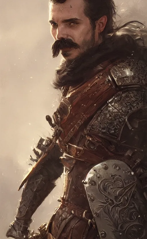 Prompt: Portrait of a man with a moustache wearing medieval armor, male, detailed face, fantasy, highly detailed, cinematic lighting, digital art painting by greg rutkowski