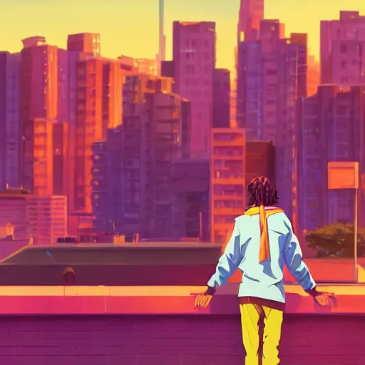 Image similar to ⁠portrait of Snoop Dogg , Karachi skyline background, rich vivid colors, ambient lighting, dynamic lighting, 4k, HQ, official media, anime key visual, makoto shinkai, ilya kuvshinov, lois van baarle, rossdraws, detailed, trending on artstation