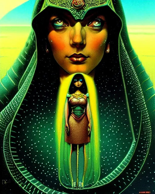 Image similar to arab princess, character portrait, portrait, close up, concept art, intricate details, highly detailed, vintage sci - fi poster, in the style of chris foss, rodger dean, moebius, michael whelan, and gustave dore