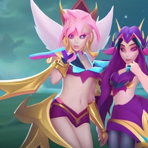 Image similar to star guardian xayah and star guardian kai'sa as friends together, league of legends, by weta digital, 3 - dimensional, realistic