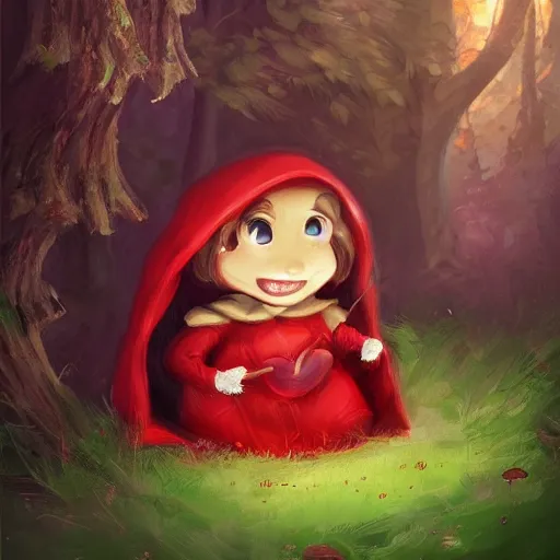 Image similar to little red riding hood is picking mushrooms in the forest digital art,oil painting,trending on artstation.