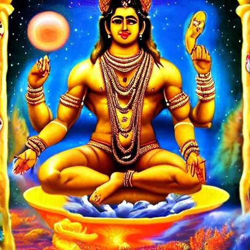 Prompt: lord vishnu, full body picture, bodybuilder, birth of the universe, multiverse, realistic, full HD, high quality, 4k