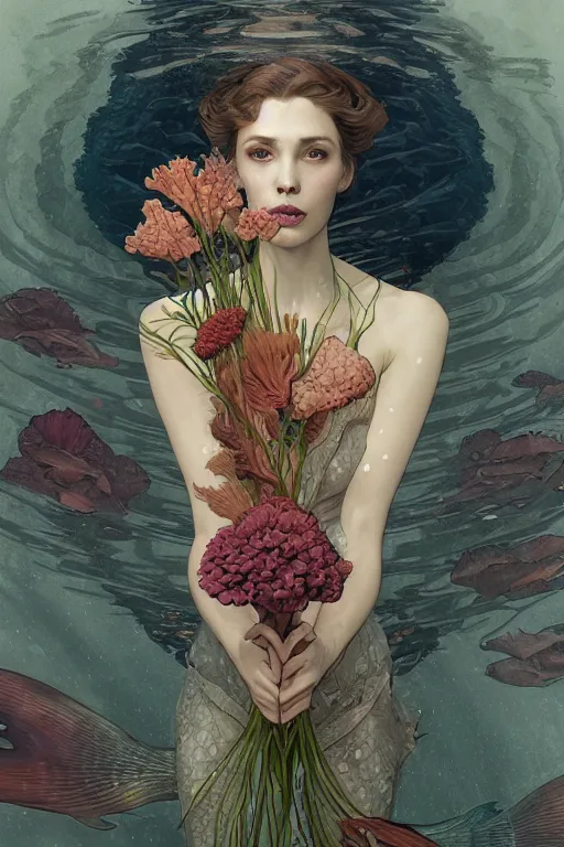 Prompt: portrait of a beautiful mysterious woman underwater, hidden hands holding a bouquet of flowers, corals and fish, by eve ventrue, michael carson, andreas rochas, john watkiss, casey weldon, artgerm. art nouveau. tarot card by mucha. gloomhaven. swirly intricate linework background. gaudy colors, sharp edges. octane render