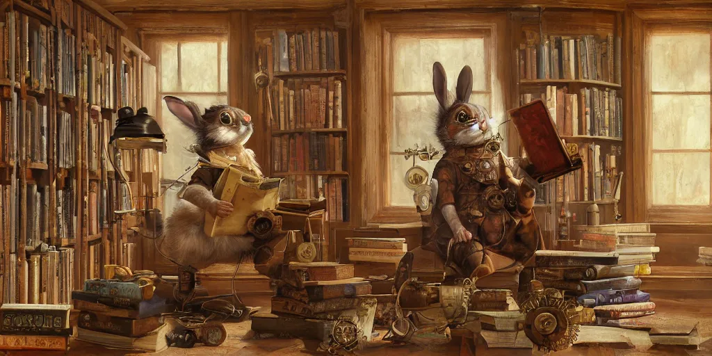 Prompt: steampunk rabbit in a library, oil painting on canvas by kenne gregoire, octane render, fantasy art, hyperrealistic